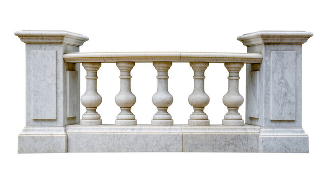 Ornate white marble balustrade with carved balusters and square posts, isolated on transparent background