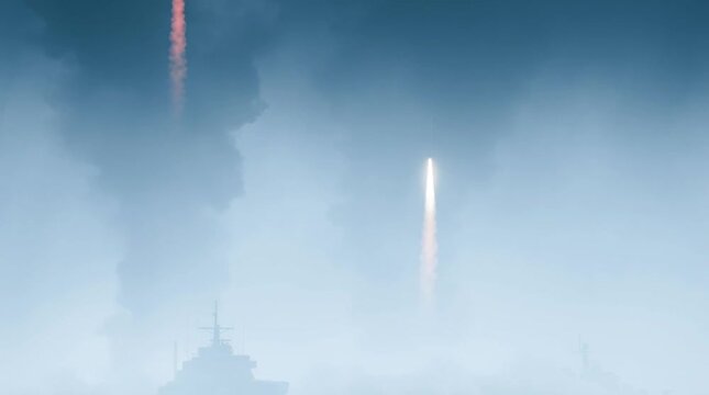 Battle on the stormy sea: warships launching missiles in turbulent waters of the ocean. Dramatic military action scene