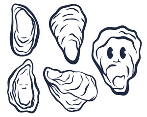 Cute Kawaii Oyster Characters Vector Set outline Flat Style Seafood Illustration, Hand Drawn Cartoon Oyster, Open Oyster, Pearl Oyster, and Shellfish Collection for Ocean Food Design © Affan