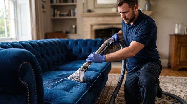 Professional Cleaner Deep Cleaning a Velvet Sofa