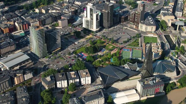 Aerial view of the capital city Andorra la Vella,  in the Pyrenees mountains between France and Spain on a sunny summer morning.