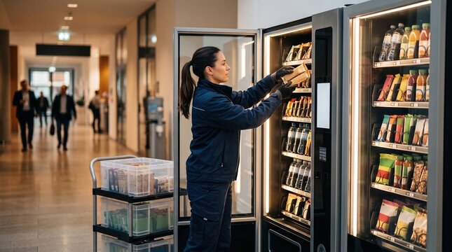 Employee Refilling Modern Vending Machines