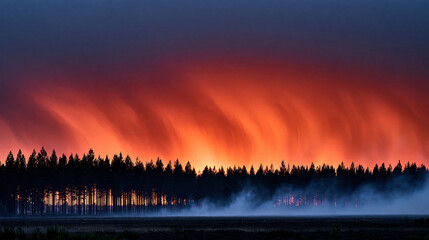 Obraz premium Forest line silhouetted against a dramatic sunset sky, showing an intense orange and red atmospheric phenomenon with intricate cloud patterns and a mystical morning mist creeping along the ground