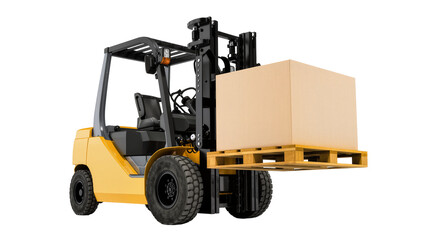 Yellow forklift truck lifting wooden pallet with cardboard box, isolated on transparent background © Maria