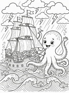 A crew of sailors encountered a familiar giant octopus coloring page.