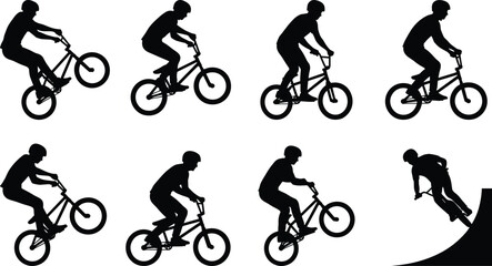 BMX Rider Silhouette Set with Freestyle Tricks, Stunts, Jumps and Skate Park Action © MdMazibur