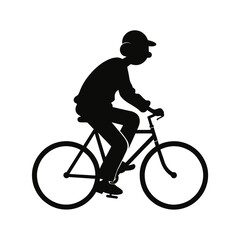 Obraz premium Cyclist silhouette features a minimalist black figure riding a bicycle on a plain white background.