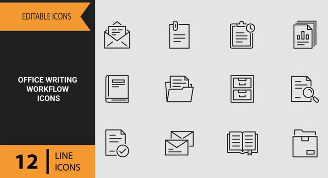 Office Writing Workflow Icons Outline icon set: Efficient Office Writing Workflow Outline Icons for Corporate Documentation and Business Report Creation