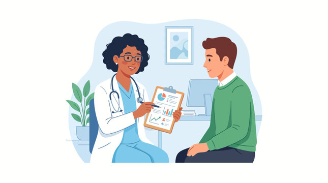 Cartoon Doctor and Nurse Team Consulting with Patient in Hospital Healthcare Office Vector Illustration