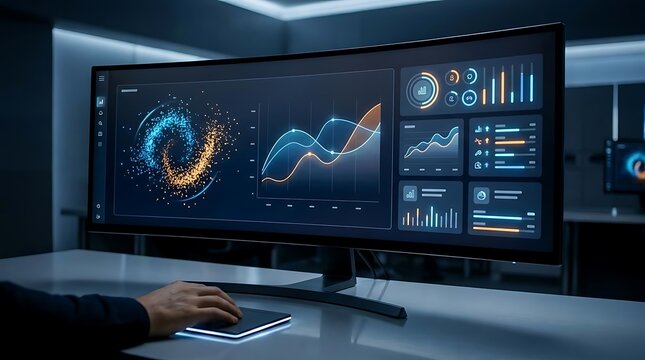 Digital data analysis dashboard on ultra wide monitor screen