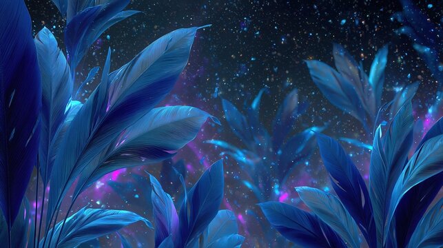 Mystical Blue Alien Foliage Under a Starry Cosmic Sky, Abstract Sci-Fi Plant Life