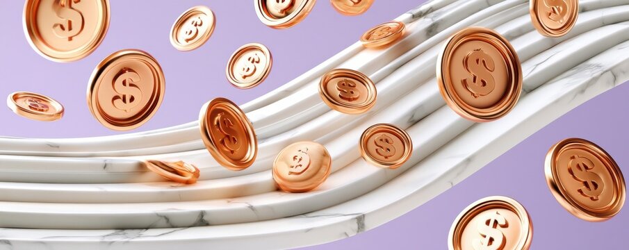 Rose gold dollar coins floating over marble wave in abstract 3D finance background