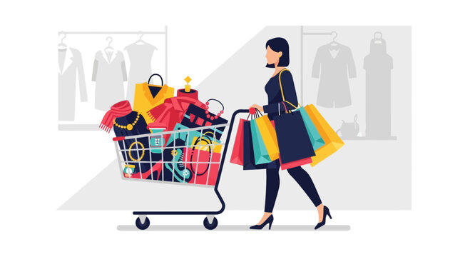 Woman pushing shopping cart with colorful plush toys in store.