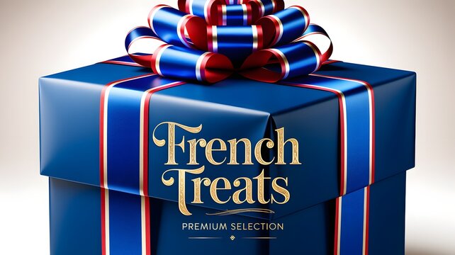 Elegant Gift Box with Blue Ribbon and French Treats Label on Light Background