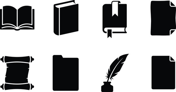 Book and Document Management Black Silhouette Icon Set for Education and Office Applications