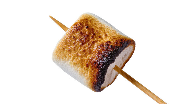 Golden brown toasted marshmallow on wooden skewer, isolated on transparent background