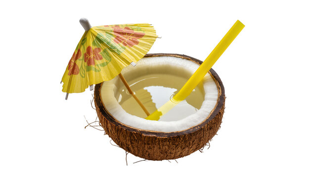 Half coconut filled with clear liquid yellow straw and floral umbrella, isolated on transparent background