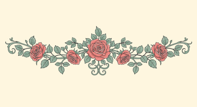 Vintage floral garland divider with red roses and green leaves on cream background. Symmetrical ornamental illustration for wedding invitations or decorative borders.