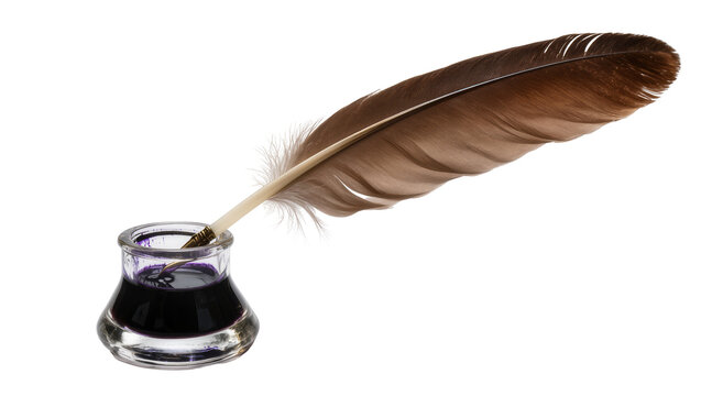 Brown feather quill dipping into dark purple ink in a glass inkwell, isolated on transparent background