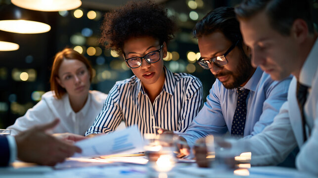 Investment committee reviewing financial projections in a dim office at night, thoughtful strategic decision-making scene
