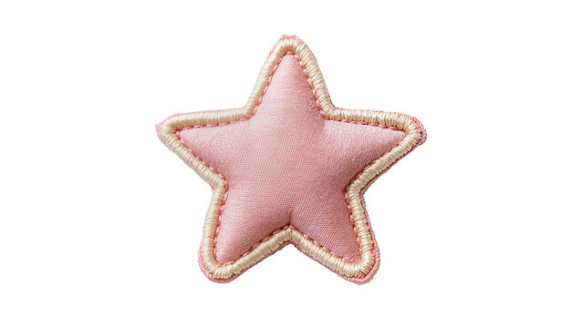 Pink fabric star patch with cream stitching, isolated on transparent background