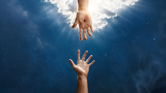 A symbolic representation of two hands reaching toward each other against a starry sky, with a divine light shining from above.