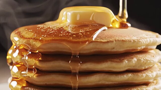 Delicious hot fluffy pancake stack with melting butter and golden honey syrup pouring down sides in slow motion with creating mouth watering breakfast scene over them
