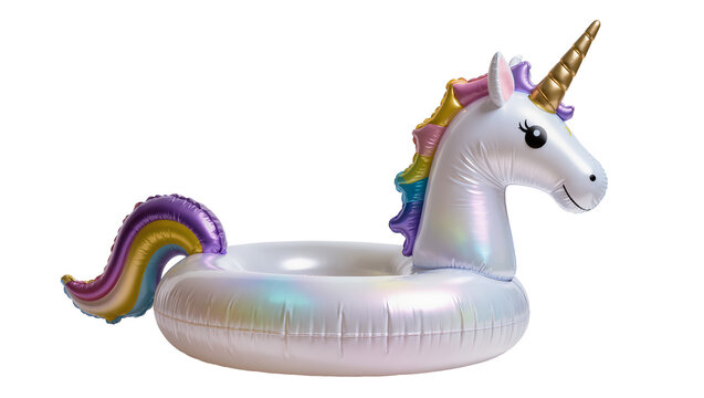 Iridescent inflatable unicorn pool float with rainbow mane and tail, isolated on transparent background