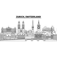 Fototapeta premium Zurich city skyline illustration in black and white with iconic buildings and bridges during daytime