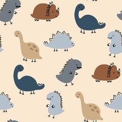 Cute dinosaur seamless pattern for kids nursery wallpaper and baby textile design with hand drawn prehistoric animals © Marie