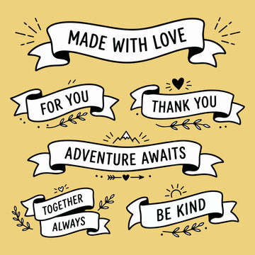 Fun hand drawn banner set with quotes, vector designs with phrase Made With Love, Forever Always, and Thank you
