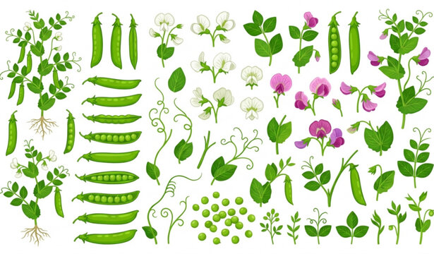 Green pea plant vector set with pods flowers leaves and botanical elements isolated on white