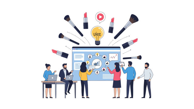 Beauty Marketing Team Analyzing Digital Data and Cosmetics Strategy Illustration