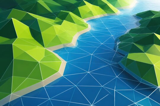 Abstract low poly river landscape with blue water and green faceted coastline