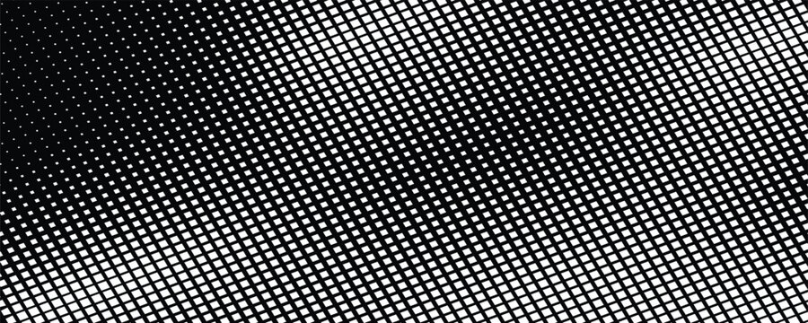 Abstract black and white halftone square grid pattern background. Modern monochrome pop art or comic style vector geometric gradient texture backdrop for print or web banners.