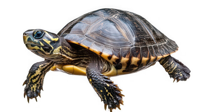 A painted snapping turtle with intricate shell patterns moves gracefully across a seamless white background.