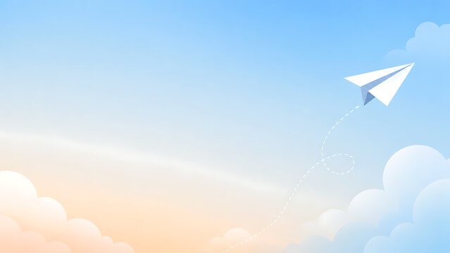 A white paper airplane flies through a blue sky with clouds and a dotted line trail