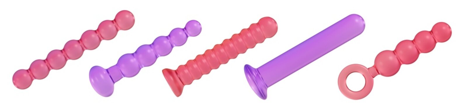 Glossy sex toys set, transparent colorful glass, adult pleasure devices isolated on transparent background, dildo, but plugs, anal beads, silicone in purple and red gradient colors