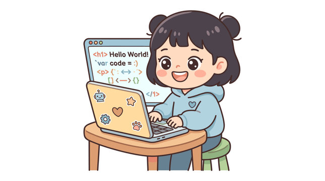 Young Female Coder Smiling While Writing HTML JavaScript Code on Laptop Happy Child Programmer Vector Illustration girl coding developer digital