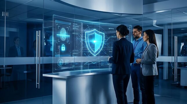 Business professionals reviewing futuristic digital security interface in modern office