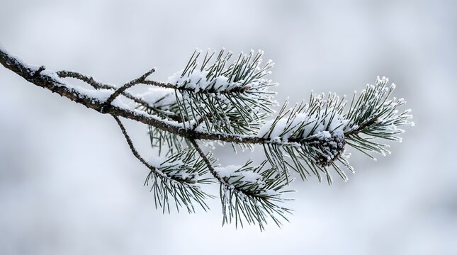 Close-up of snow-covered pine branch in winter with frosty background