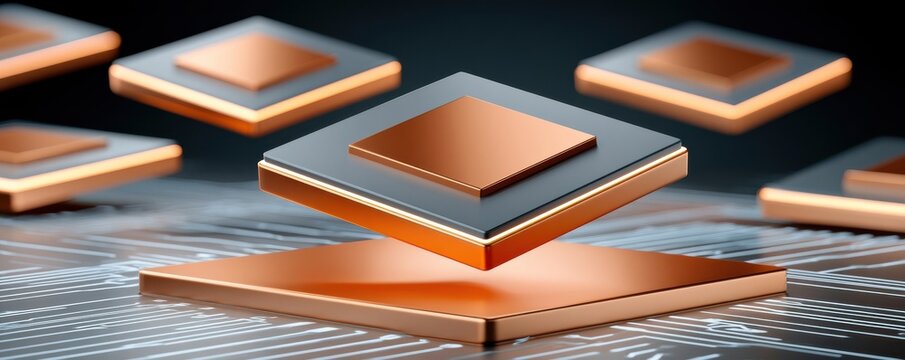 Floating copper microchips and semiconductor processors on a glowing circuit board for modern technology