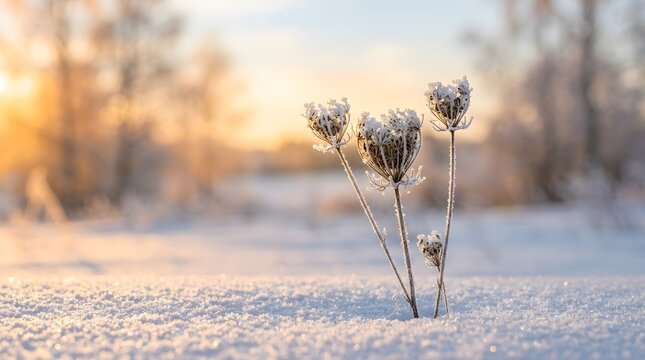 Winter Scene with Snow-Covered Plants and Soft Sunset Light in a Calm Landscape