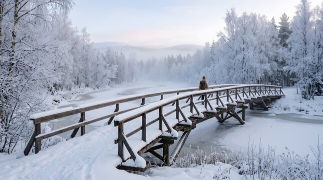Snow-covered wooden bridge in a winter landscape with snow-laden trees and overcast sky