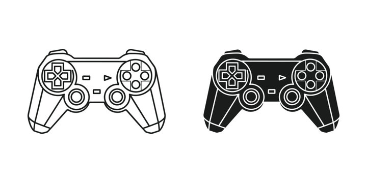 Game controller set with dual analog sticks and buttons in outline and solid black styles for gaming