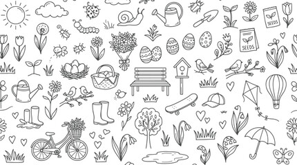 Spring garden life doodle icons seamless pattern with outdoors watering umbrella birdhouse flowerpot lifestyle botanical illustration seamless background elements recreation © Kanon Islam