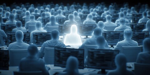 Fototapeta premium Illuminated Individual Standing Out Among a Crowd of Silhouetted Figures Working on Computers