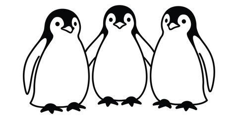 Obraz premium Three Cute Cartoon Penguins Standing Together on a White Background illustration