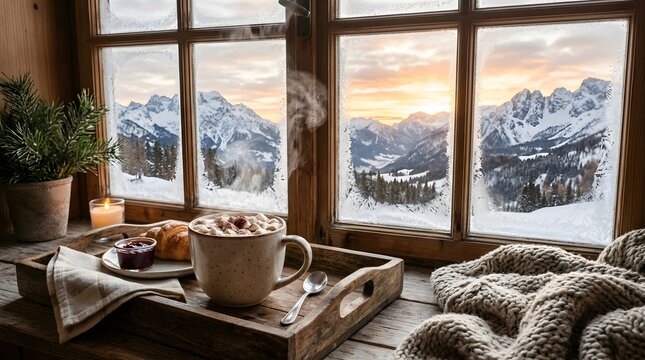 Cozy Winter Scene with Snow-Covered Mountains Visible from Rustic Cabin Window