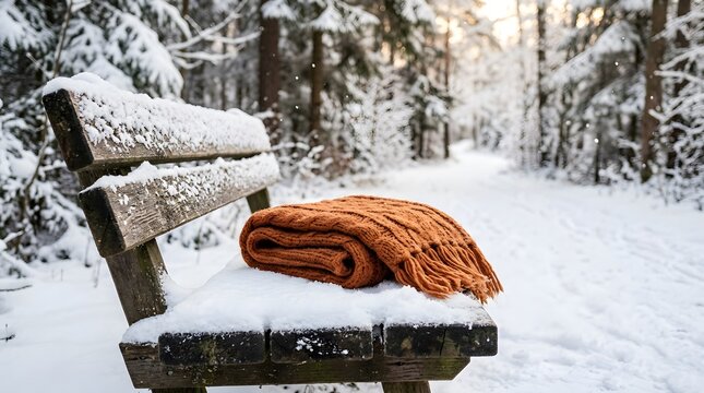 Cozy Winter Scene with Snow-covered Park Bench and Warm Blanket in a Forest Setting